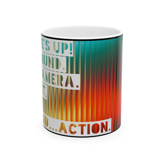 Ceramic Mug — 'Lights, Camera, Action' Bold Retro Gradient Film Crew Coffee Cup (11oz/15oz)