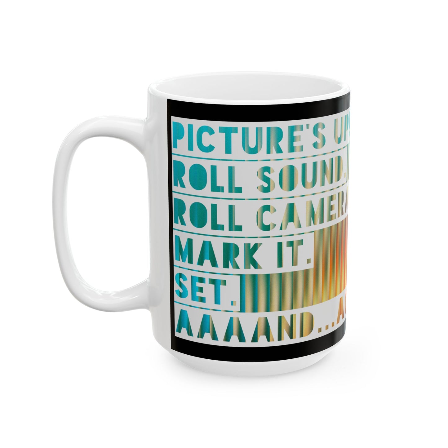 Ceramic Mug — 'Lights, Camera, Action' Bold Retro Gradient Film Crew Coffee Cup (11oz/15oz)
