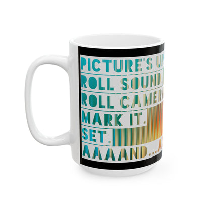 Ceramic Mug — 'Lights, Camera, Action' Bold Retro Gradient Film Crew Coffee Cup (11oz/15oz)