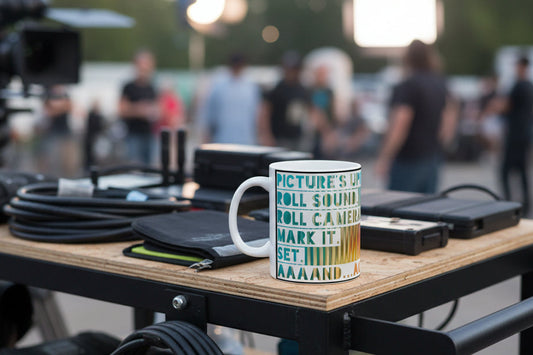 Ceramic Mug — 'Lights, Camera, Action' Bold Retro Gradient Film Crew Coffee Cup (11oz/15oz)