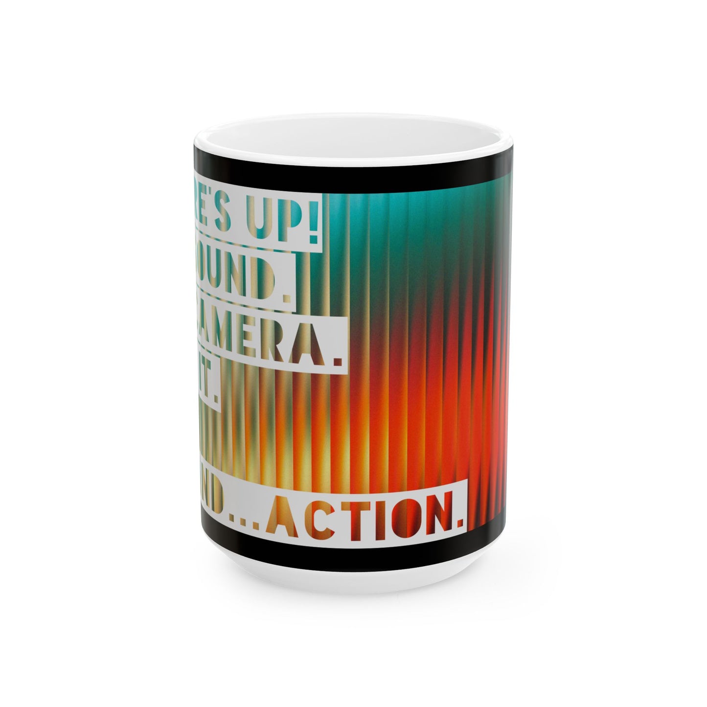 Ceramic Mug — 'Lights, Camera, Action' Bold Retro Gradient Film Crew Coffee Cup (11oz/15oz)